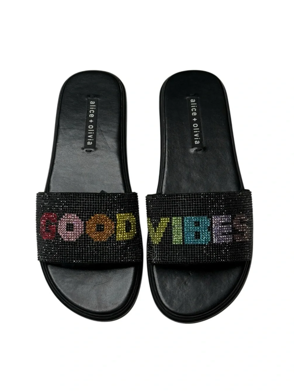 HTF: Alice + Olivia 𖦹 Tatum Good Vibes Slide Crystal Sandals 𖦹 Black 𖦹 7.5M 𖦹 - Picture 9 of 16